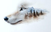 Artistic double exposure of white wolf profile merged with winter mountain landscape and pine forest, creating ethereal wildlife artwork on light background.