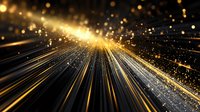 Abstract technology background with glowing golden light trails and particles creating dynamic motion effect against dark backdrop. Futuristic digital design.