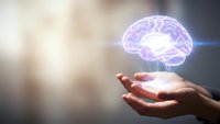 Glowing purple brain hologram floating above open human hands representing artificial intelligence, neuroscience and mental health concepts.