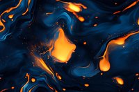 Abstract fluid art with vibrant orange fire-like elements flowing through deep navy blue background, creating dynamic swirls and droplets in contrasting colors.
