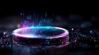 Futuristic holographic platform with neon lights and digital particles in cyberpunk style for technology presentations and sci-fi designs.
