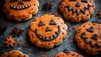 Orange pumpkin face cookies decorated with black icing on dark background with star anise and crumbs, Halloween festive homemade treats.