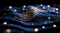 Abstract digital wave pattern with glowing golden particles and bokeh lights on dark blue background, flowing motion creates luxurious futuristic design element.