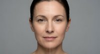 Middle-aged Caucasian woman face showing aging process with wrinkles and smooth skin comparison for skincare and beauty treatments.