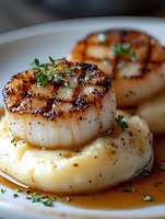 Grilled sea scallops with caramelized crust served on creamy mashed potato puree, garnished with fresh herbs and butter sauce, close up macro shot.