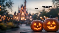 Glowing jack o'lanterns with carved faces against blurred fairytale castle background at dusk, creating magical Halloween atmosphere with flying bats and bokeh lights.