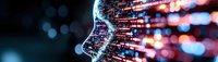 Digital human profile silhouette with colorful data streams flowing through it against dark background, representing artificial intelligence and machine learning.