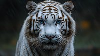 Majestic white tiger with piercing blue eyes gazes intensely forward against dark background, showcasing rare albino feline's powerful presence and striking facial features.