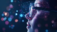 Young Asian woman in sunglasses with glowing glitter particles and bokeh lights creating magical nighttime atmosphere in blue and pink tones. Dreamy profile portrait.