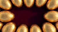 Golden ornate Easter eggs arranged in circular frame on dark burgundy background with decorative floral patterns for holiday greeting cards and festive designs.