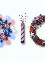 Patriotic string lights with glowing bulbs, striped firecracker noisemaker, and decorative wreath isolated on white background for Fourth of July celebrations and holiday design projects.