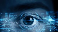 Digital eye with futuristic technology overlay and data visualization elements for cybersecurity and artificial intelligence concepts.