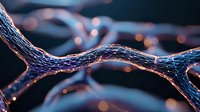 Glowing neural network visualization with interconnected blue and orange light paths showing synaptic connections against dark background, abstract science concept.