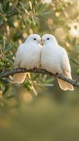 Two white doves perched on olive tree branch touching beaks in romantic gesture with warm golden sunlight and soft bokeh background for wedding concepts.