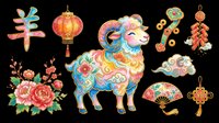 Colorful Chinese New Year decorations featuring festive lanterns, ornamental lion, firecrackers, flowers and traditional ornaments isolated on transparent background for t-shirt design, clipart and print-on-demand projects.