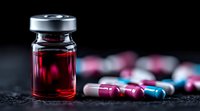 Medical vial with red liquid and colorful pharmaceutical capsules on dark background, dramatic lighting for healthcare and medicine concepts.