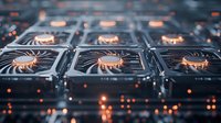 Computer processors arranged in grid pattern with orange LED lighting glowing through cooling fans, creating futuristic technological atmosphere for computing and gaming concepts.
