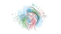 Mother holding baby in tender embrace with flowing hair and watercolor splashes on white background for motherhood and parenting designs.