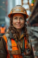 Confident female construction worker with braided hair wearing safety helmet and high visibility vest smiles at construction site during work day.
