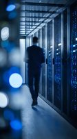 Male IT engineer walking through a dark server room corridor with glowing blue rack units, managing cloud infrastructure and data security.
