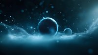 Mysterious cosmic spheres floating above ethereal clouds in deep turquoise space, glowing orbs casting light through misty atmosphere. For science fiction designs.