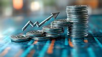 Stacks of silver coins with upward arrow showing financial growth on blue background with stock market chart data, representing investment success.