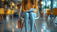 Young woman in mustard sweater and jeans sitting on modern chair reading book in cozy cafe interior with warm lighting and blurred background. Lifestyle scene.