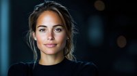 Young Mediterranean woman with natural makeup and pulled back hair smiling confidently against dark background with bokeh lights. Professional headshot for business.