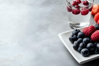 Fresh berries on white plate and glass of infused water with raspberries. Light gray background with copy space for healthy lifestyle concept.