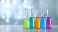 Colorful laboratory glassware with vibrant liquid solutions in green, turquoise, orange, blue and pink against soft bokeh background for science concepts.