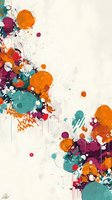 Abstract colorful paint splatter composition with vibrant orange, teal, and magenta circles on textured white background for modern wall art.