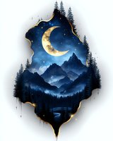 Mystical night mountain landscape with golden crescent moon and stars framed by dark forest silhouettes and decorative gold border on white background.