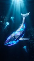 Futuristic digital whale with geometric polygonal design swimming in cyber ocean with glowing jellyfish and circuit patterns in deep blue underwater scene.