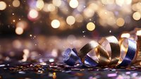 Festive curled ribbon with golden bokeh lights creating magical holiday atmosphere for celebration backgrounds.