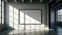 Empty black frame mockup on white brick wall in industrial loft interior with natural light and shadows for art or poster display.