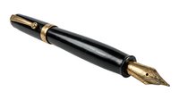 Elegant black fountain pen with gold accents and nib isolated on white background for luxury writing instruments and business stationery designs.