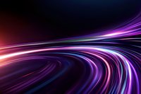 Abstract curved light trails in motion on dark background with purple, pink and blue neon glowing streaks creating dynamic speed effect.