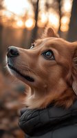 Close-up portrait of brown dog with bright blue eyes looking up during golden sunset in autumn forest, wearing black winter coat, soft bokeh background.