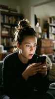 Woman with light brown hair in top knot bun, wearing black sweater, holding smartphone with surprised expression in home library setting with bookshelves.
