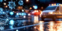 Coronavirus particles floating over wet city street at night with ambulance and bokeh lights, reflecting on rainy asphalt surface during pandemic.