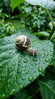 Garden snail crawling on wet green leaf with water droplets after rain in lush foliage creating peaceful natural scene for environmental concepts.
