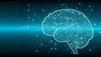 Digital brain circuit board design with glowing neural network connections on blue technology background for AI and machine learning concepts.
