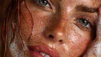 Close-up portrait of young Caucasian woman with freckles and wet skin after shower or rain. Natural beauty concept with water droplets on face.