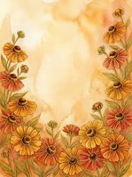 Watercolor autumn floral frame with orange and red daisy flowers on warm golden background, copy space for text or greeting card design.