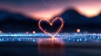 Glowing heart shape created with sparkles against mountain silhouette at dusk, reflecting on shimmering surface with bokeh lights and dreamy atmosphere.