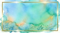 Watercolor landscape with soft blue and green washes, golden frame border, and delicate botanical elements. Suitable for backgrounds, invitations, and design projects.