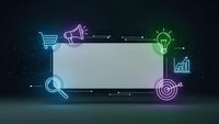 Digital marketing framework with neon business icons surrounding blank screen for content placement on dark technology background.