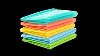 Colorful stack of plastic storage containers with lids in turquoise, coral, yellow, blue, and green. Isolated on transparent background, ready for design use on t-shirts, clipart, stickers, and print-on-demand products.