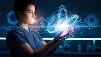 Young Asian businesswoman holding glowing digital padlock hologram representing cybersecurity and data protection in modern office environment.