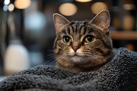 Tabby cat with striking green eyes resting on gray blanket, blurred warm interior background with bokeh lights. Suitable for pet care, animal wellness, and home comfort content.